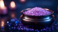 Purple bath salt crystals in black ceramic bowl against dark background with glowing candles and scattered crystals creating magical spa atmosphere.