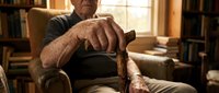 Senior man with age spots and wrinkles resting hands on wooden cane while seated in leather armchair in home library setting with bookshelves and warm lighting.