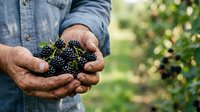 Farmer holding fresh ripe blackberries in hands at harvest time in orchard garden, agricultural produce and farming concept.