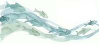 Abstract watercolor wave pattern in soft green and teal tones flowing horizontally across white background for modern design projects and artistic applications.