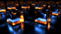 Glowing ice cubes emit orange and blue light on dark reflective surface creating magical atmosphere. Futuristic abstract background for creative design projects.