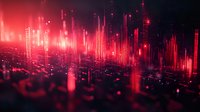 Glowing red digital columns rise from dark surface creating futuristic cyber landscape with light effects and reflections. Abstract technology background.