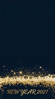 Champagne bubbles and golden glitter particles rising against dark navy background with New Year 2027 text for festive celebrations and holiday greeting cards.