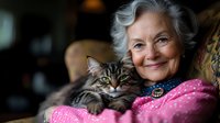 Senior Caucasian woman with silver hair smiling while cuddling long-haired tabby cat on pink cushion, expressing joy and companionship in warm indoor setting.