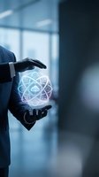 Businessman hands protecting glowing atomic structure hologram in modern office environment representing nuclear energy innovation and scientific technology advancement.