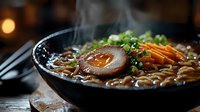 Steaming bowl of Asian ramen noodle soup with sliced pork chashu, green onions, carrots and noodles in rich brown broth, served in black ceramic bowl.