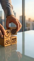 Businessman arranging wooden blocks with business icons on office desk representing strategic planning and goal achievement in corporate environment.