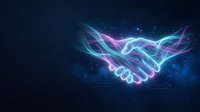 Digital handshake with glowing neon energy streams in cyan and magenta colors on dark blue background for business partnership concepts.