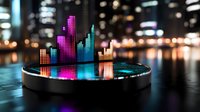 Vibrant holographic music equalizer bars in pink and blue neon colors floating above circular platform against blurred city nightscape background with water reflections.