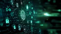 Digital security concept with glowing green padlock icons and network connections on dark background, illustrating cybersecurity and data protection technology.