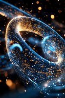 Glowing digital torus with golden and blue light particles against dark background, representing quantum physics or data visualization concept.