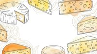 Hand-drawn cheese varieties frame with copy space for dairy product packaging, restaurant menus, and culinary design projects on white background.