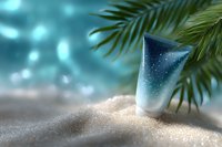 Cosmetic tube with starry night sky design on sandy beach with palm leaves, dreamy summer spa atmosphere for beauty and skincare marketing.