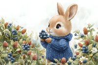 Adorable brown bunny in blue knit sweater holding blueberries among wild berries and flowers, watercolor style illustration for children's books and nursery art.