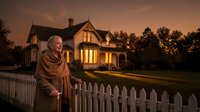 Elderly Caucasian woman with walking cane standing by white picket fence at sunset, cozy farmhouse with warm lights in background, peaceful rural retirement living.