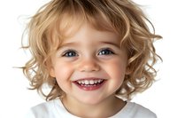 Cheerful Caucasian toddler with curly blonde hair and bright blue eyes wearing white t-shirt, showing genuine smile with teeth against white background.