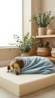 Relaxed dog with cucumber eye mask enjoying spa treatment in modern wellness interior with eucalyptus plants and natural wicker baskets for pet care concept.