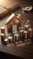 Mortgage interest rates visualization with golden house model, stacked coins showing percentage increases, compass and leather wallet on wooden surface for real estate and financial planning concepts.