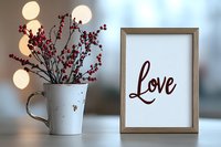 Red berry branches in white ceramic mug next to wooden frame with love text against bokeh light background, romantic home decor setting.