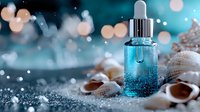 Luxurious blue serum bottle with dropper on sparkling surface among seashells. Dreamy bokeh lights create magical spa atmosphere for beauty and skincare products.