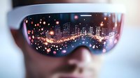 Futuristic cityscape reflection in virtual reality glasses with glowing lights and bokeh effects, showing modern urban skyline at night.
