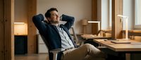 Relaxed businessman leaning back in office chair with hands behind head, smiling contentedly in modern workspace during break time.