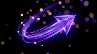Glowing purple neon arrow with light trails and bokeh effects on dark background for business growth, progress and direction concepts.