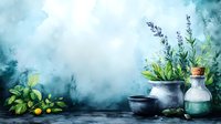 Mystical kitchen still life with herbs, ceramic pots and glass bottle against moody teal watercolor background. Fresh lavender and citrus create magical atmosphere.
