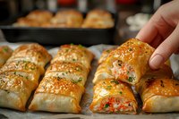 Fresh baked puff pastry rolls filled with salmon and herbs, topped with sesame seeds. Close-up view shows flaky golden crust and colorful filling.