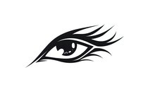 Stylized black eye with dramatic eyelashes and sharp angular lines in tribal tattoo style, isolated on white background for logo design and body art applications.