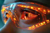 Close-up of eye wearing futuristic protective glasses with glowing orange lights reflecting digital data, symbolizing advanced technology and cybersecurity.