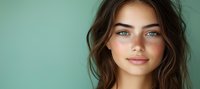 Young Mediterranean woman with natural makeup, wavy brown hair and blue eyes smiling confidently against mint green background. Panoramic beauty portrait.
