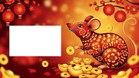 Ornate red rat with golden coins and lanterns on warm gradient background with blank white space for text celebrating lunar new year festivities.