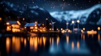 Tranquil lakeside village with glowing windows reflected in calm water at dusk, illuminated by warm lights against starry night sky and misty mountains.