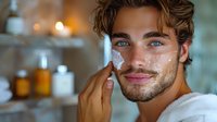 Young caucasian man with blue eyes and beard applying facial cream or moisturizer during his skincare routine, perfect for beauty, wellness and men grooming advertising campaigns.