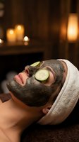 Woman relaxing with cucumber slices on eyes and clay face mask during spa treatment in candlelit wellness center for skincare and beauty therapy.