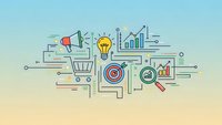 Digital marketing strategy concept with megaphone, lightbulb, target, charts and analytics icons on gradient background for business presentations.