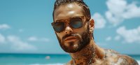Handsome tattooed man with beard and sunglasses enjoying summer vacation at tropical beach resort with turquoise ocean and blue sky background.