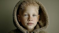 Young blonde child with blue eyes wearing cozy knit hooded sweater looking directly at camera with soft natural lighting for portrait photography.