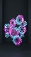 Neon glowing gears with magenta and cyan gradients arranged in cluster formation against dark background, representing technology, innovation, and mechanical systems for digital design projects.