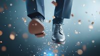 Levitating businessman in formal shoes and suit pants against dark background with glowing particles and bokeh lights creating magical atmosphere.