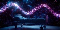 Hospital bed illuminated by glowing DNA helix strand floating above in dark starry space, representing medical genetics and healthcare innovation. Futuristic medical concept.