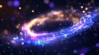 Magical glowing particles flow in space creating luminous swirl with blue and golden bokeh lights against dark background. Abstract cosmic design element.