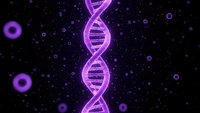 Glowing purple DNA double helix structure on dark background with molecular particles for genetics research, biotechnology and medical science concepts.