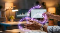 Senior businessman hands with glowing purple energy flow connecting devices in modern office workspace showcasing digital transformation.