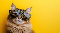 Curious long-haired cat wearing black glasses looking up against vibrant yellow background. Humorous pet portrait showing intelligence and personality.