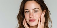 Young woman with natural makeup touching face with hands showing healthy glowing skin for skincare beauty routine and cosmetic treatment concept.