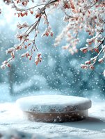 Snow-covered round podium under winter tree branches with red leaves during snowfall, creating magical seasonal atmosphere for product display.