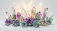 Colorful rainbow crystal collection with iridescent prisms and gemstones creating magical light reflections on white background for spiritual healing decor.