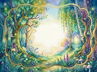 Enchanted forest watercolor frame with glowing trees, mushrooms, and magical fireflies, golden border, lush greenery, soft light center copy space.